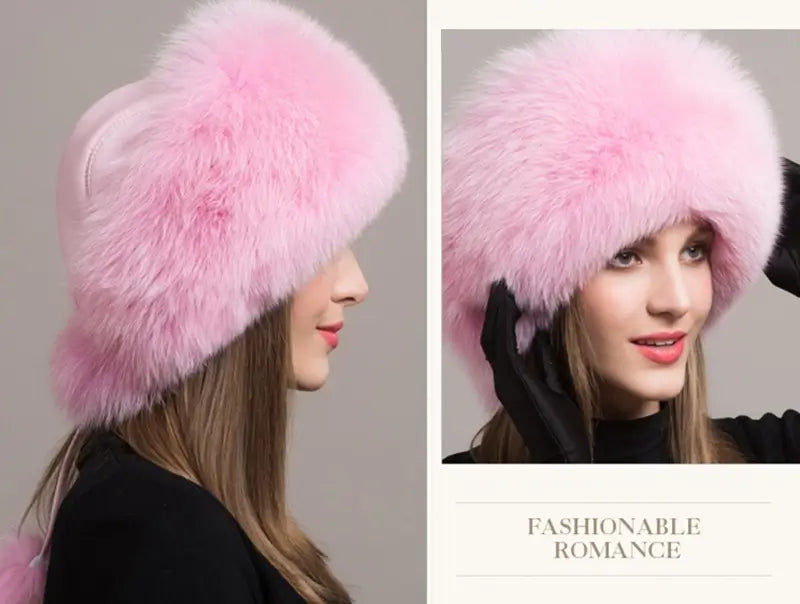 Montage, die eine russische Chapka in echtem rosa Fell aus verschiedenen Blickwinkeln zeigt. Profil und Vorderansicht eines luxuriösen Winteraccessoires, das sich perfekt eignet, um Weichheit, Weiblichkeit und Kälteschutz zu kombinieren.