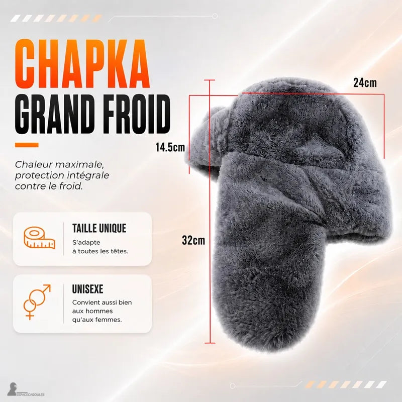 Schéma des dimensions de la chapka russe impériale grise taille unique : 24 cm de large, 14,5 cm de hauteur et 32 cm avec les cache-oreilles - Espace Cagoules