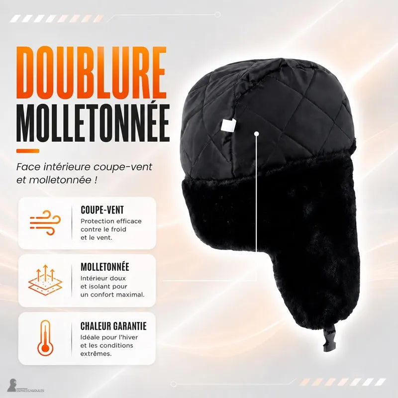 Chapka russe impériale noire retournée montrant la doublure molletonnée matelassée coupe-vent - Espace Cagoules
