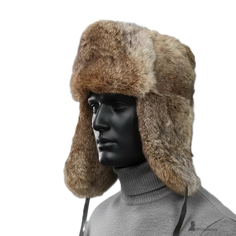 Chapka Russe pour homme brune portée sur mannequin noir mat avec oreillettes abaissées