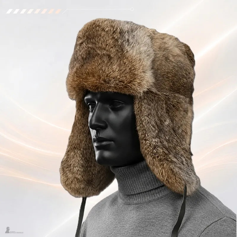 Chapka russe homme brune portée oreillettes baissées sur mannequin - Espace Cagoules