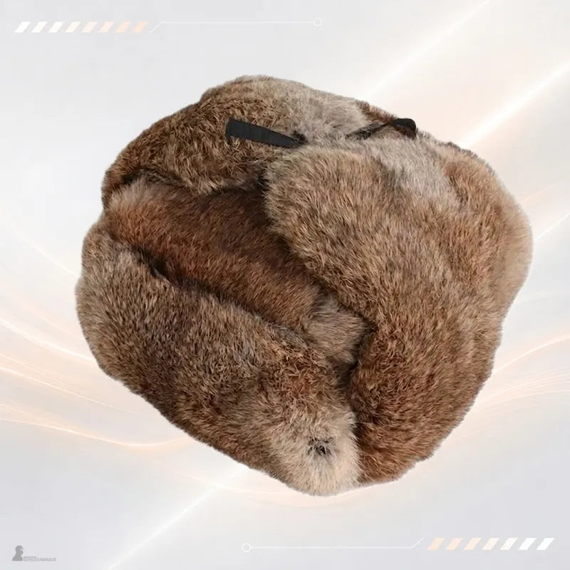 Chapka russe homme brune en fourrure de lapin vue de dessus, oreillettes relevées - Espace Cagoules