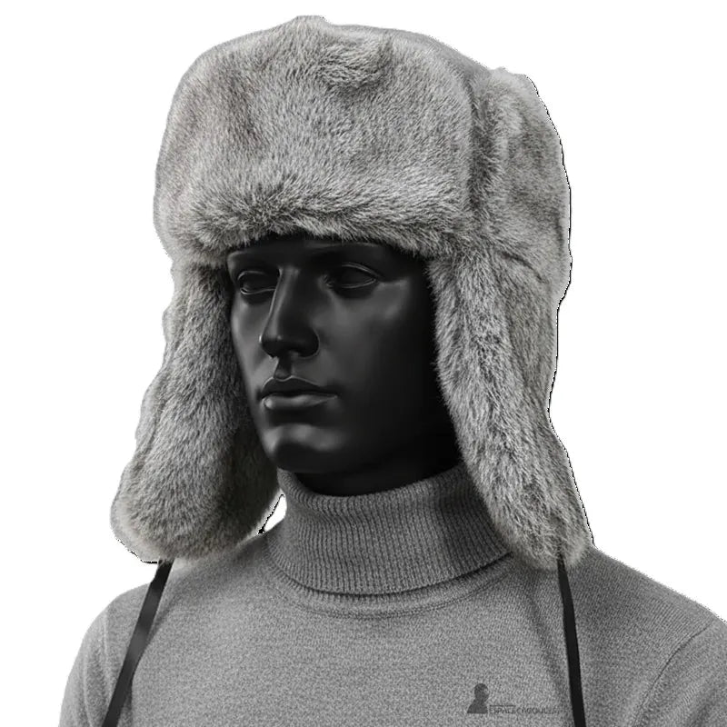 Chapka Russe grise pour homme portée sur mannequin noir mat avec oreillettes abaissées