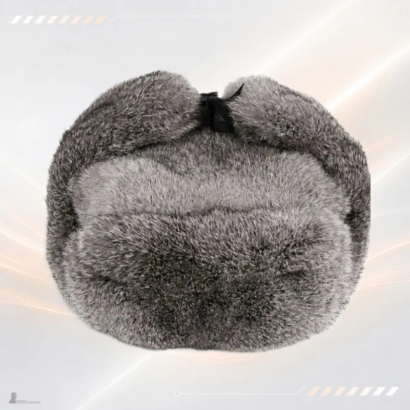 Chapka russe homme grise en fourrure de lapin vue de dessus, oreillettes relevées - Espace Cagoules