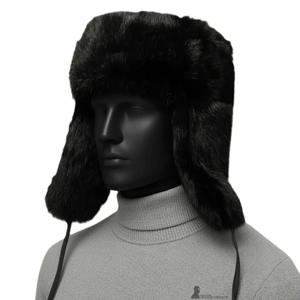 Chapka Russe pour homme brune portée sur mannequin noir mat avec oreillettes abaissées