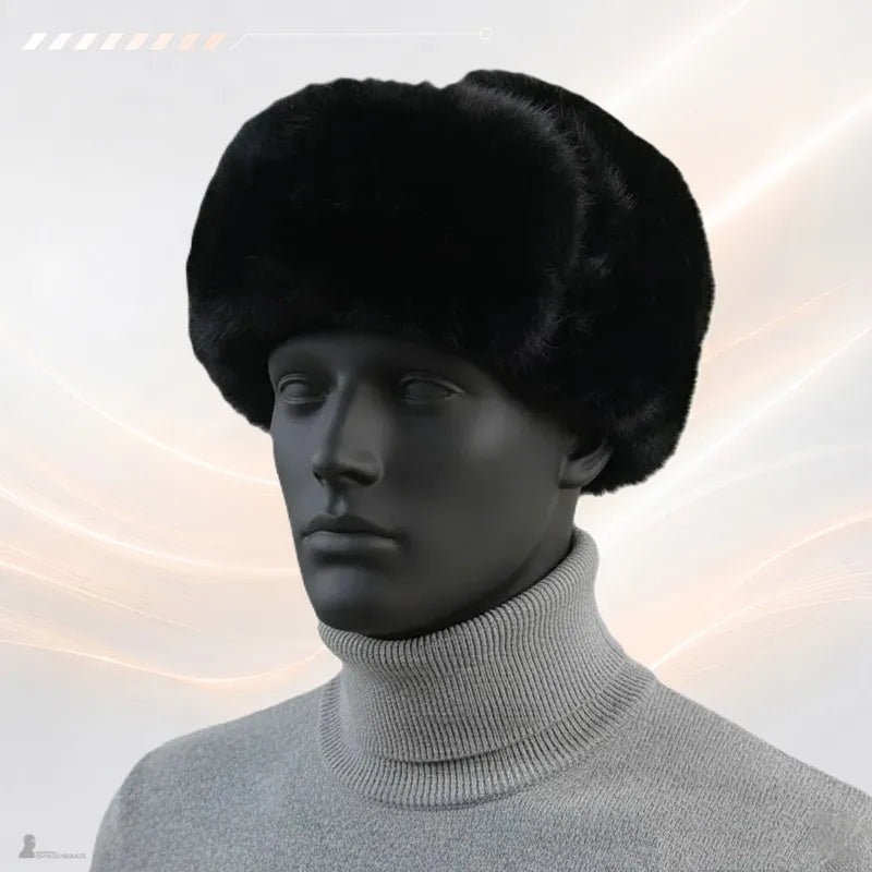 Chapka russe homme noire en fourrure présentée sur mannequin, vue de trois quarts - Espace Cagoules