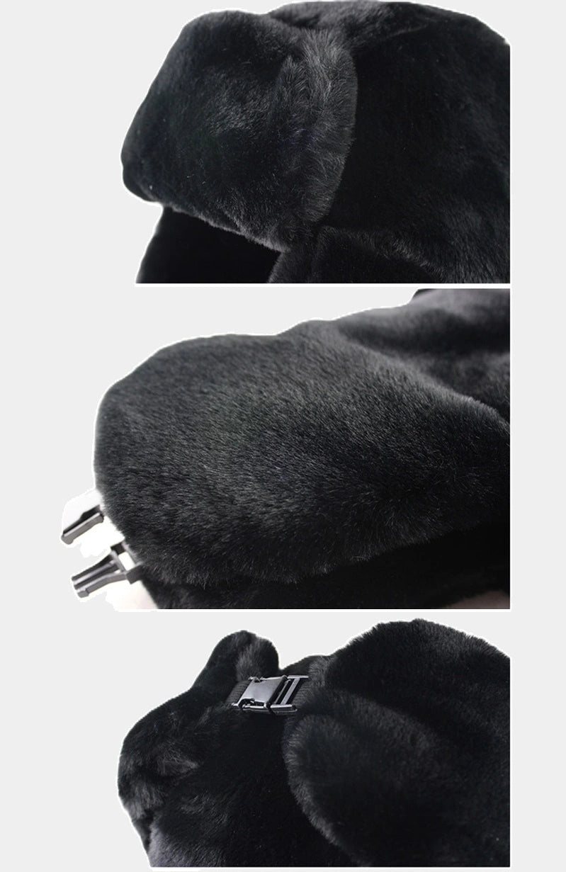Details der Black Soviet Faux Fur Chapka: Fokus auf die Ohrenschützer, den atmungsaktiven Innenstoff und die hochwertige Verarbeitung.