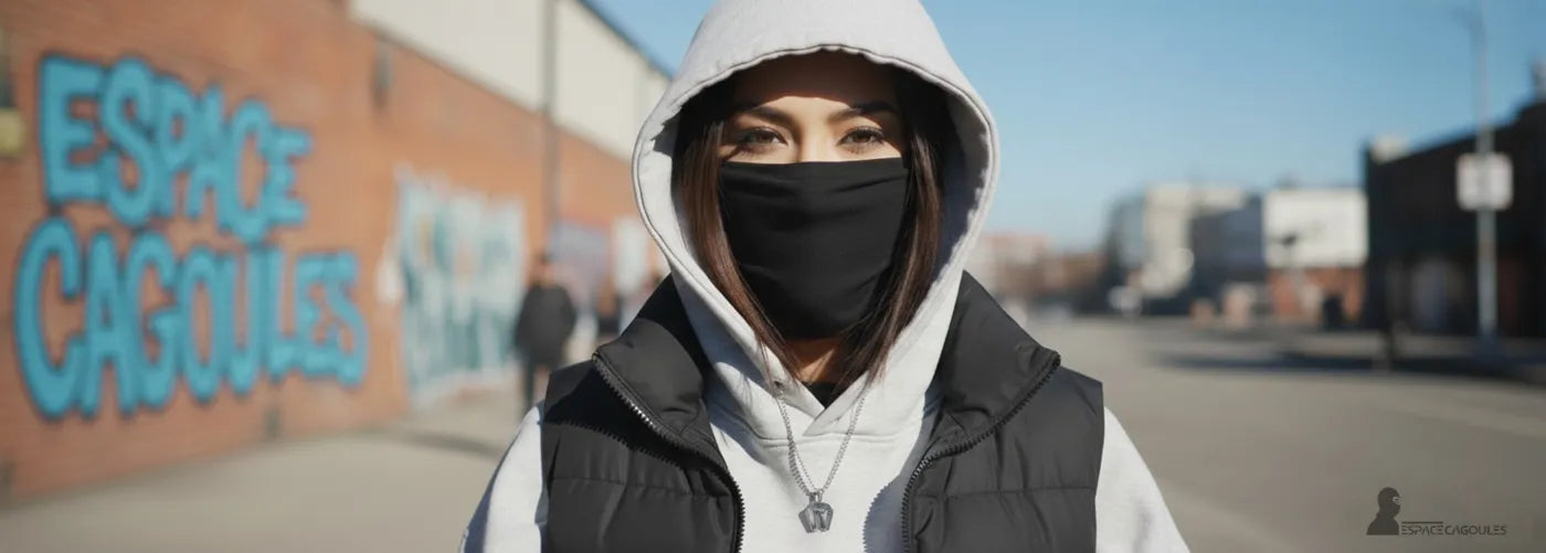 Balaclava noire portée sous une capuche grise, femme debout dans une rue urbaine avec graffiti Espace Cagoules en arrière-plan – Balaclava Streetwear Espace Cagoules