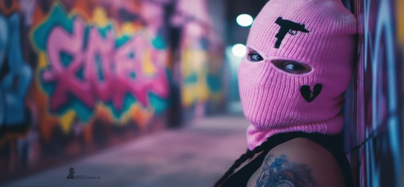 Cagoule 2 trous rose en laine épaisse avec motifs brodés, portée par une femme appuyée contre un mur de graffitis colorés – Cagoule 2 Trous -Espace Cagoules