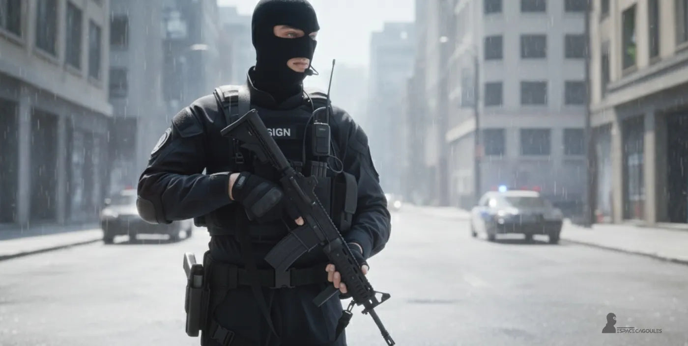 Cagoule 3 trous tactique portée par un agent en tenue sur fond urbain sous la pluie – Espace Cagoules
