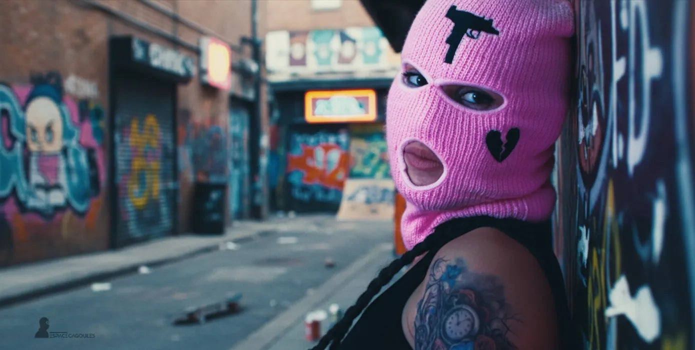 Cagoule 3 trous rose tricotée avec motifs cœur et pistolet, portée par une femme dans une ruelle graffiti – Espace Cagoules