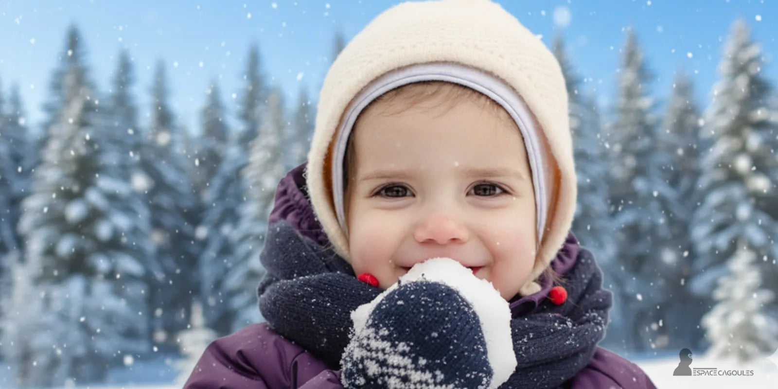 Cagoule Bébé hiver crème portée par un enfant jouant dans la neige, bonnet chaud et écharpe protectrice devant une forêt d’hiver.