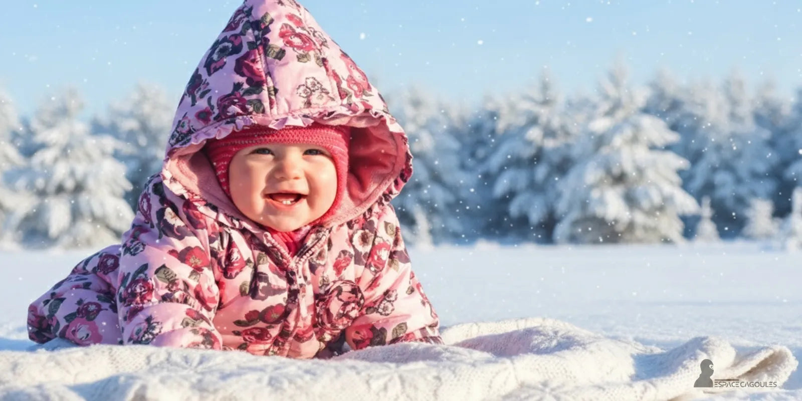 Cagoule Bébé rose à motifs floraux, bébé riant sur une couverture blanche en plein paysage enneigé, lumière hivernale douce.