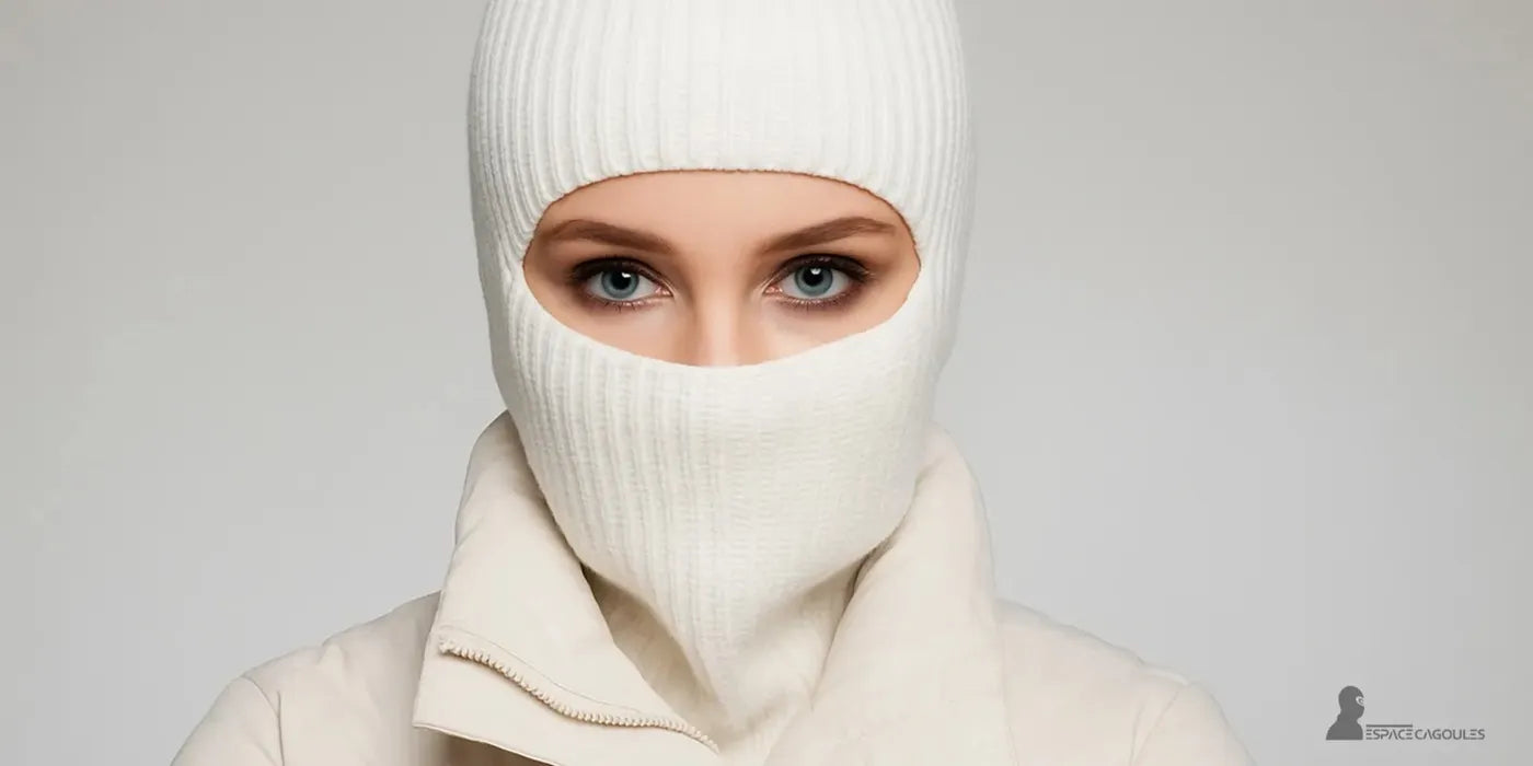 Cagoule blanche femme en tricot côtelé couvrant le nez et la bouche, laissant apparaître des yeux bleus perçants, vêtue d’un manteau crème – Espace Cagoules