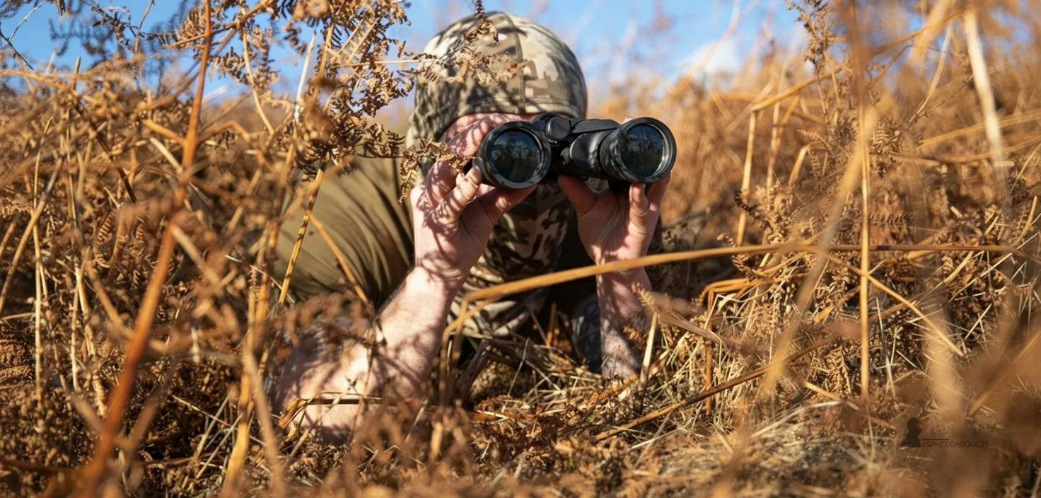 Cagoule camouflage chasseur allongé observant avec des jumelles – Espace Cagoules