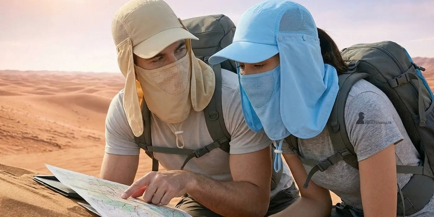 Collection cagoule casquette portée par un homme et une femme en randonnée dans le désert avec visière et protection faciale, vue rapprochée en situation - Espace Cagoules.