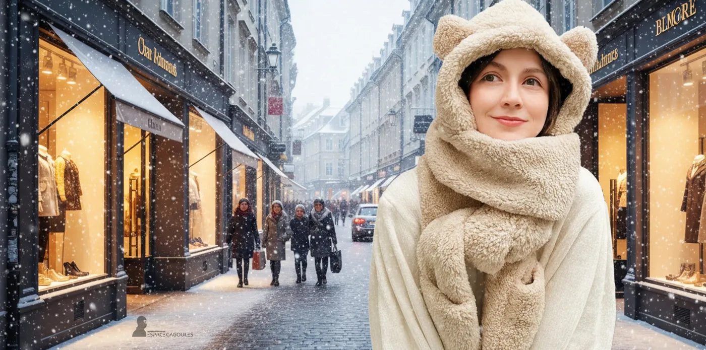 Cagoule femme beige à oreilles intégrées en matière pelucheuse, portée avec une écharpe assortie dans une rue commerçante enneigée – Cagoule Femme Hiver - Espace Cagoules