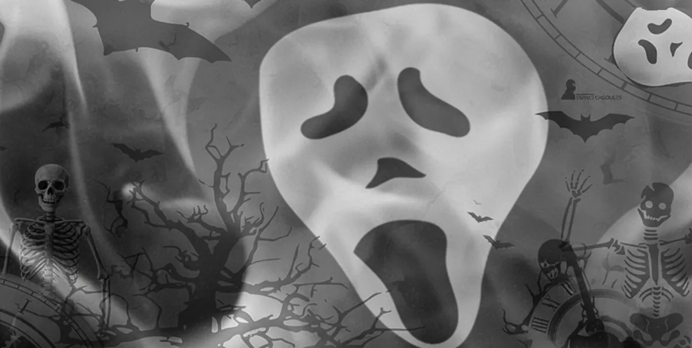 Cagoule Ghost blanche inspirée de film d’horreur avec décor de chauves-souris et squelettes – Espace Cagoules