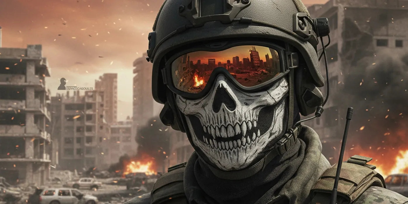 Cagoule Ghost Call of Duty MW2 portée par un soldat en tenue tactique sur champ de bataille – Espace Cagoules