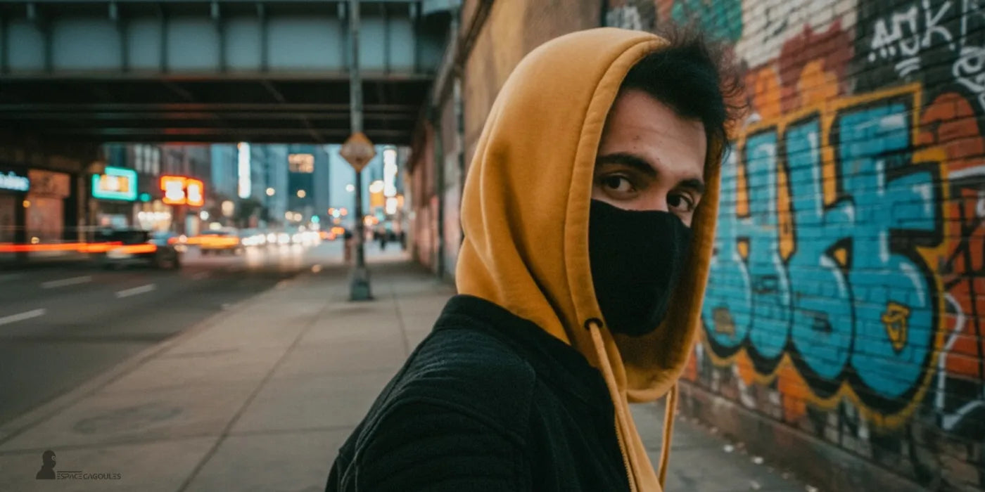 Cagoule Homme jaune motarde portée par un homme marchant en ville près d’un mur avec graffiti