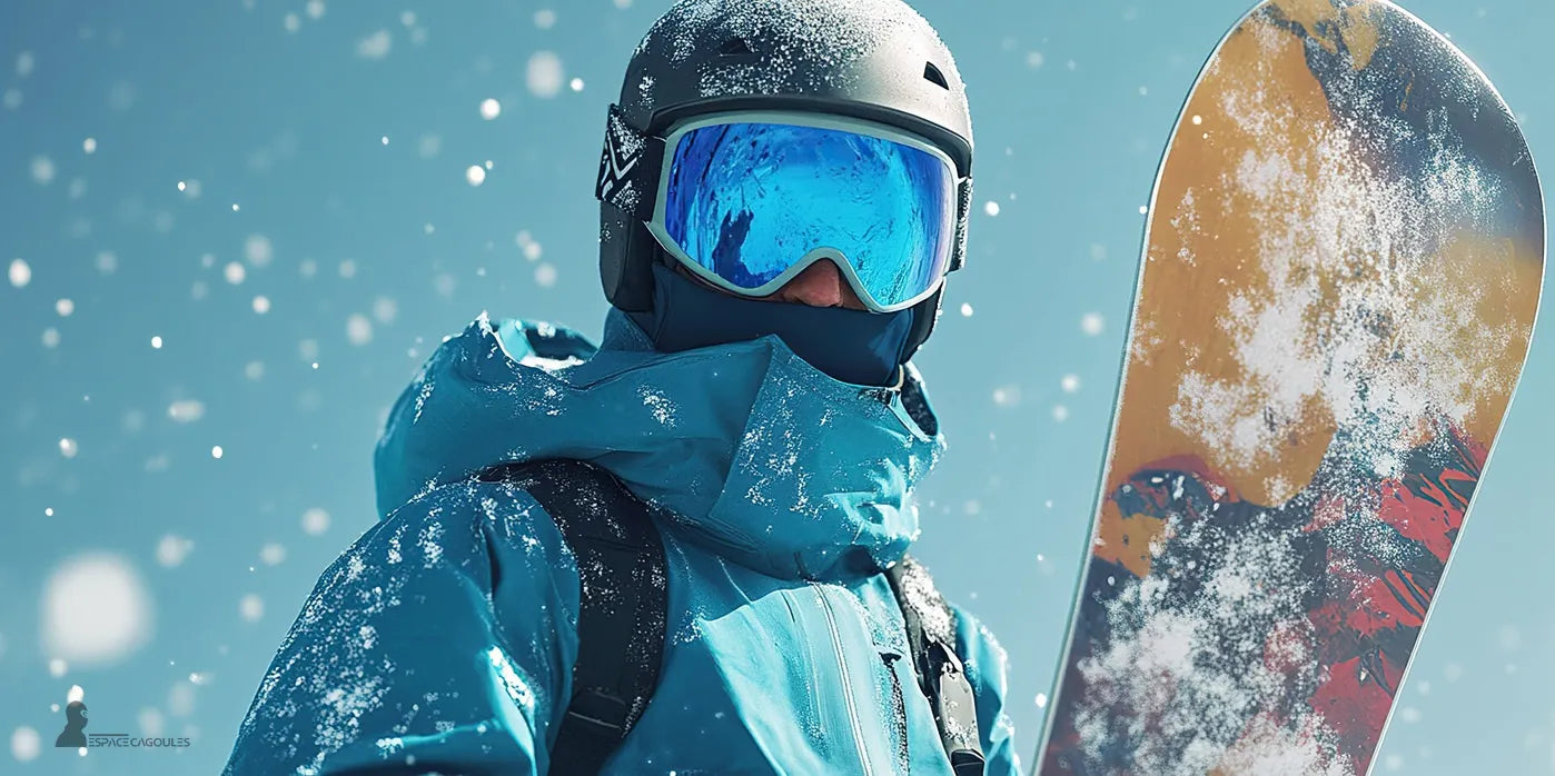 Homme en tenue de ski bleue portant une cagoule homme ski et un casque, tenant sa planche de snowboard sous la neige