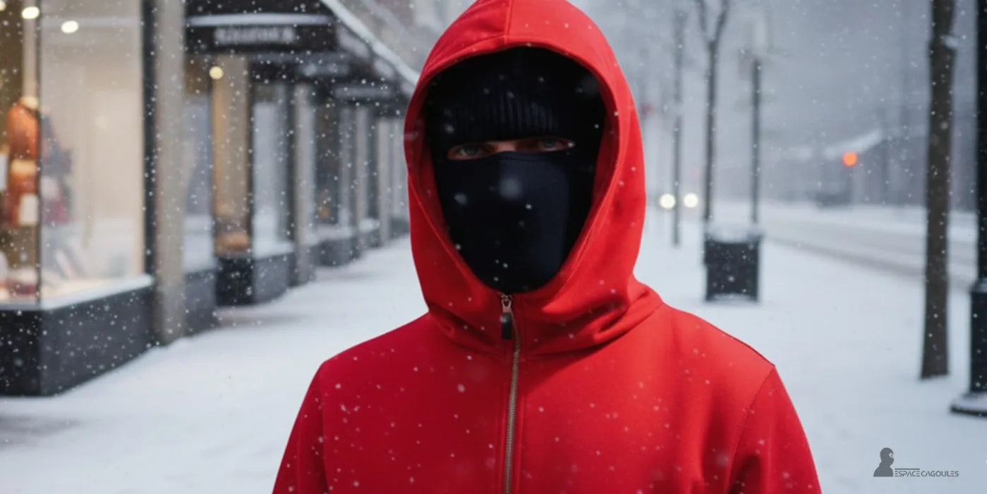 Homme avec une  cagoule homme noire et sweat à capuche rouge, marchant dans une rue enneigée