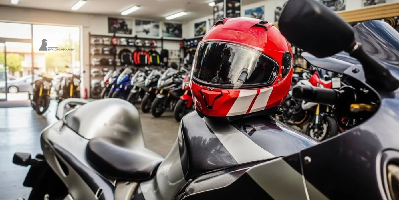 Casque rouge et blanc posé sur une moto grise dans un magasin d’équipements moto, rangée de casques et accessoires en arrière-plan – Cagoule Moto - Espace Cagoules