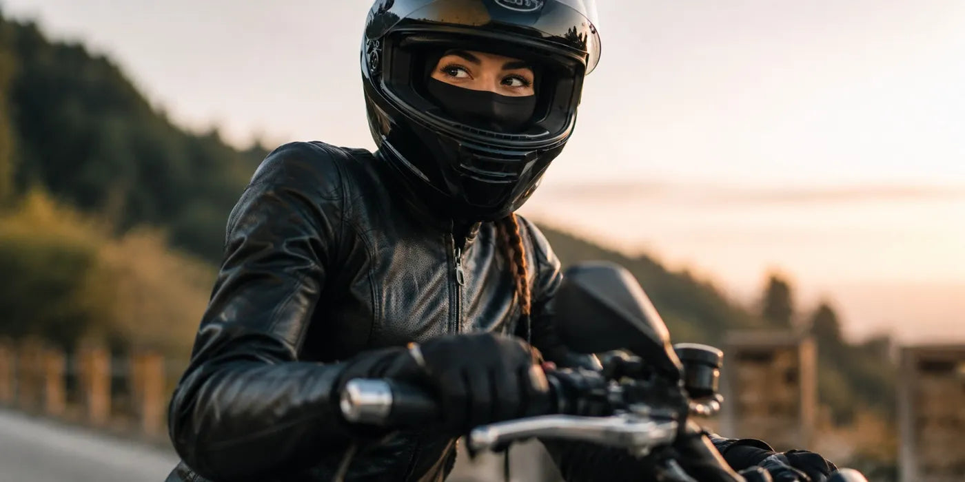 Motarde portant une cagoule moto femme noire sous casque intégral en conduite sur route de montagne — Espace Cagoules