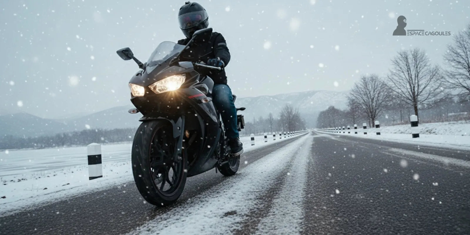 Cagoule Moto Hiver – Motard roulant sous la neige sur route enneigée, démonstration de résistance au froid et de sécurité hivernale