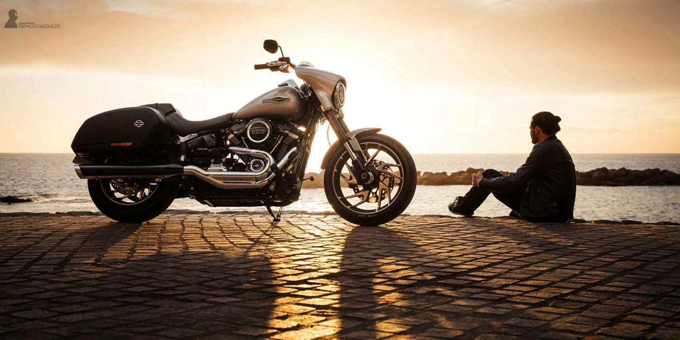 Cagoule moto soie pour motard au coucher du soleil avec moto routière en bord de mer - Espace Cagoules