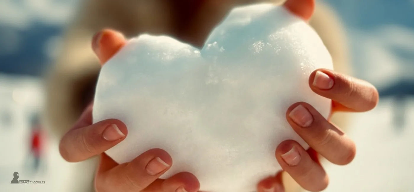 Cagoule ski,  mains formant un cœur de neige, symbole de chaleur et de confort hivernal en montagne – Espace Cagoules