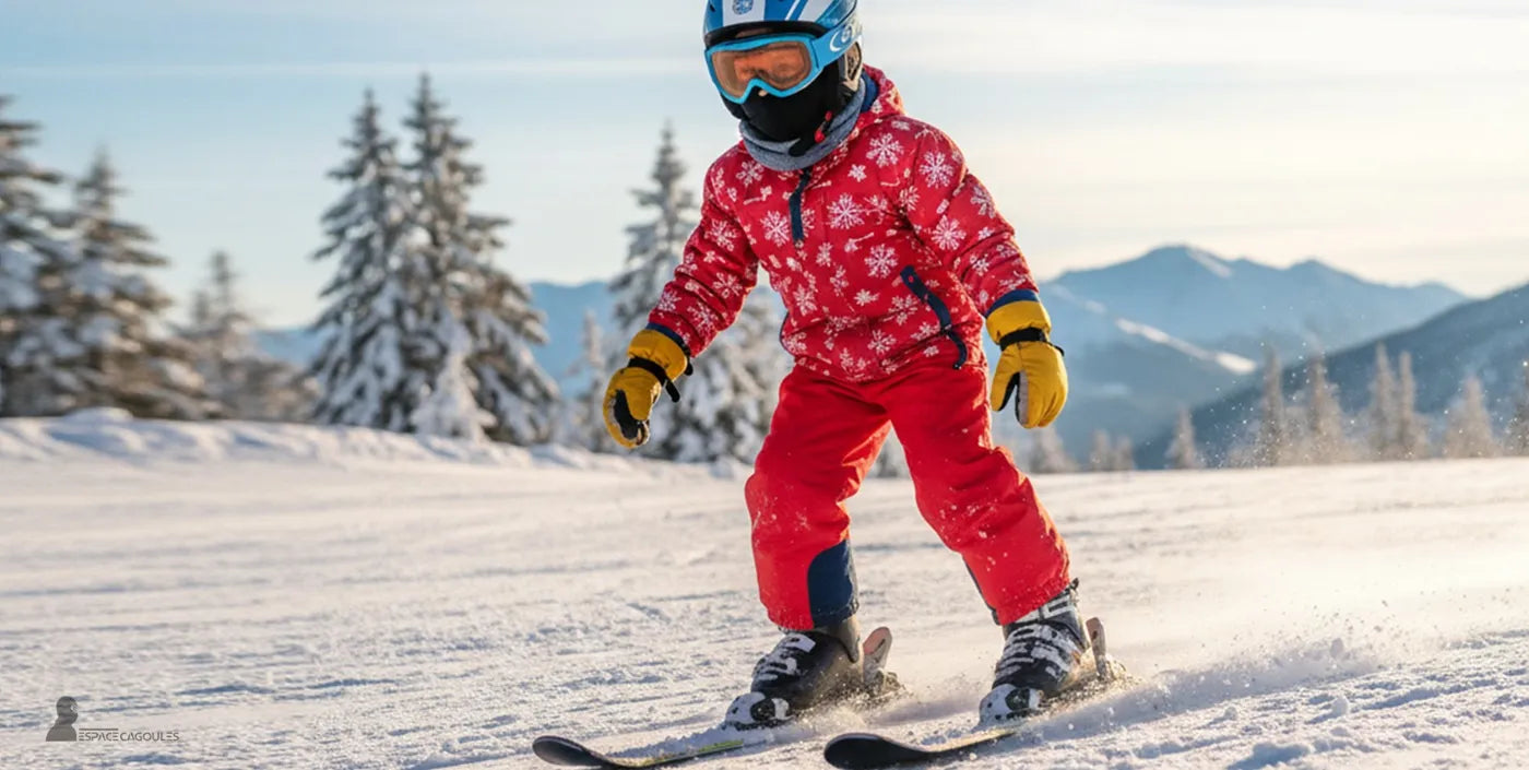 Cagoule ski enfant noire portée par un jeune skieur en combinaison rouge et gants jaunes sur une piste enneigée, entouré de sapins et de montagnes ensoleillées – Espace Cagoules