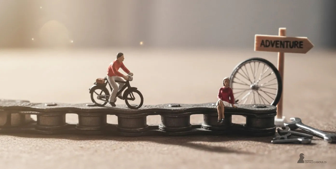 Cagoule vélo et aventure miniature de cycliste sur une chaîne – esprit outdoor et exploration