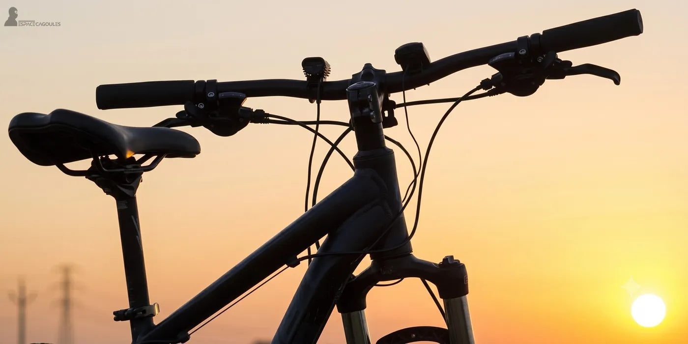 Vélo noir moderne photographié de profil avec guidon plat et selle ergonomique sur fond de soleil couchant - Espace Cagoules