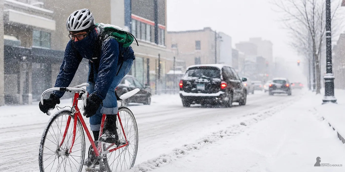 Vue d'un cycliste portant une cagoule et un casque roulant en ville sous une forte chute de neige - Espace Cagoules