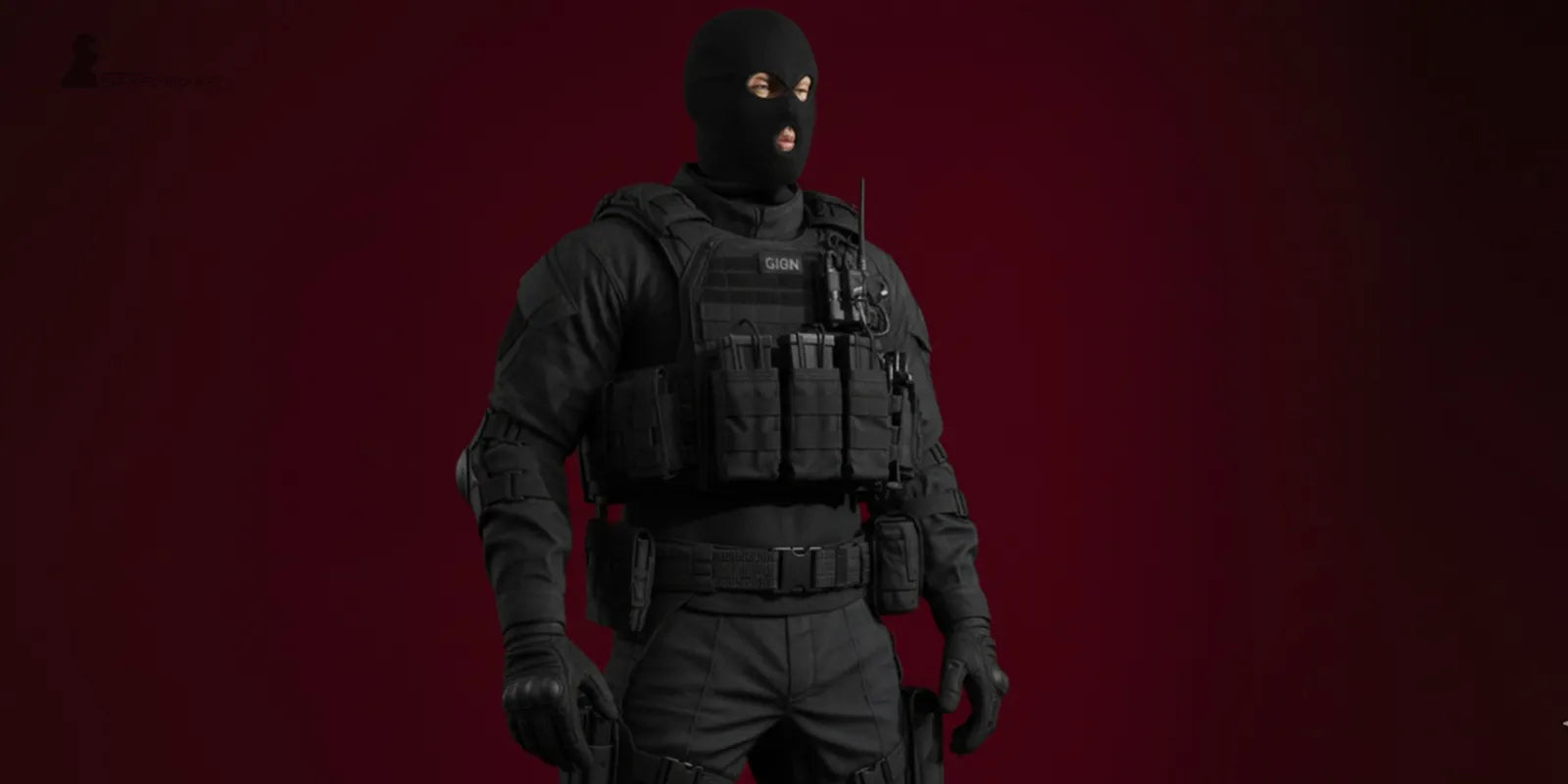 Cagoule Noire homme type militaire trois trous, tenue tactique noire sur fond rouge sombre – équipement GIGN par Espace Cagoules