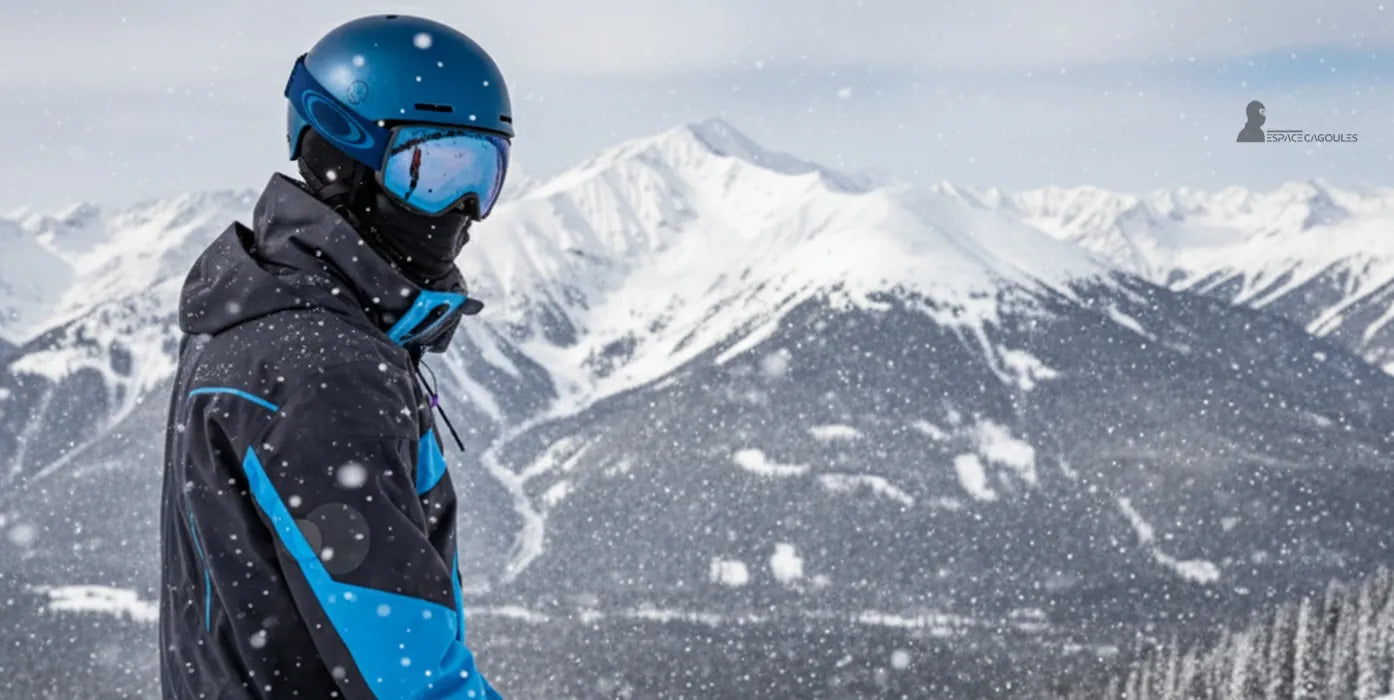Cagoule ski homme bleue sous casque face aux montagnes enneigées – Espace Cagoules