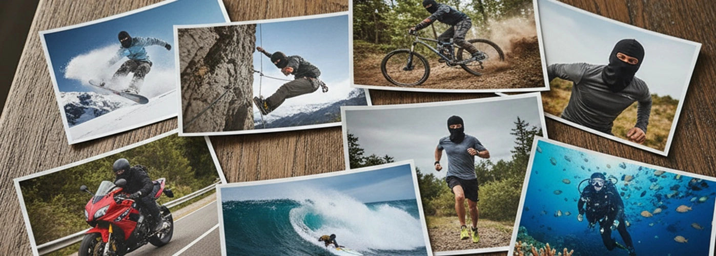 Sportifs portant des balaclavas en action sur neige, montagne et mer, collage illustrant les usages outdoor – Catalogue Balaclava Espace Cagoules