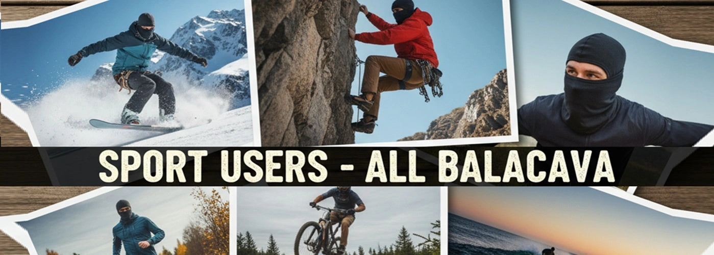 Photomontage d’activités sportives avec balaclavas : ski, escalade, moto, vélo, plongée et course en plein air – Catalogue Sport Espace Cagoules