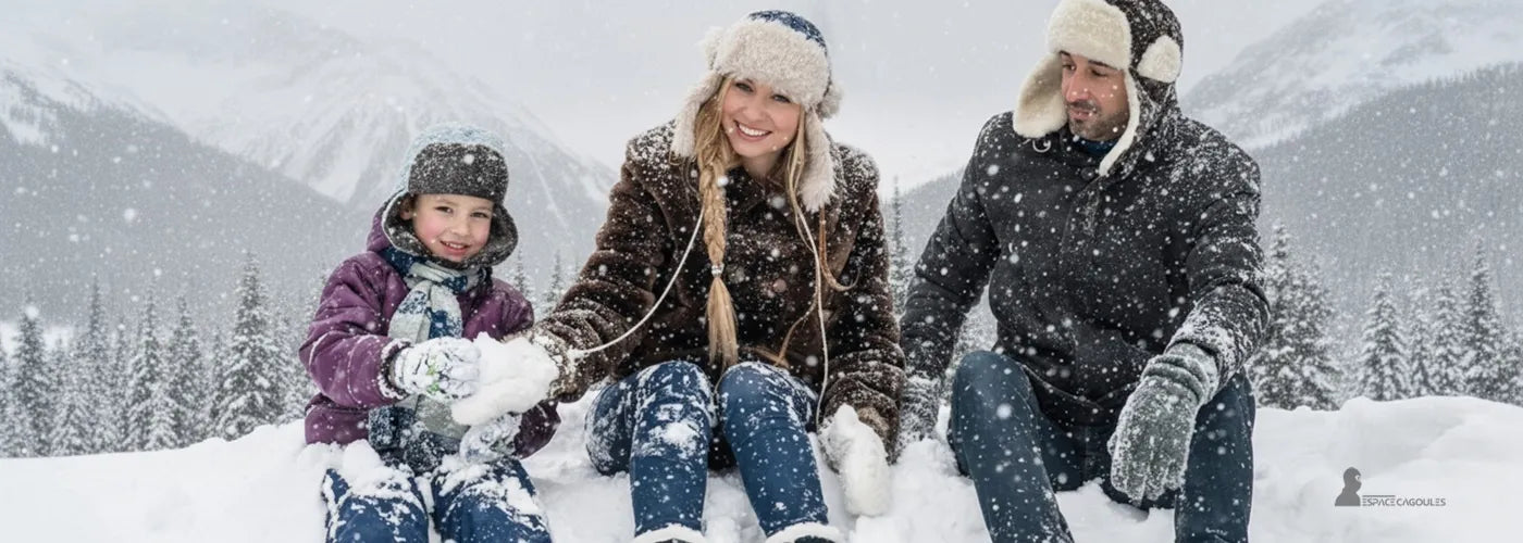 Chapka en fausse fourrure portée par une famille jouant dans la neige, montagne en arrière-plan et ambiance hivernale chaleureuse – Chapka Espace Cagoules