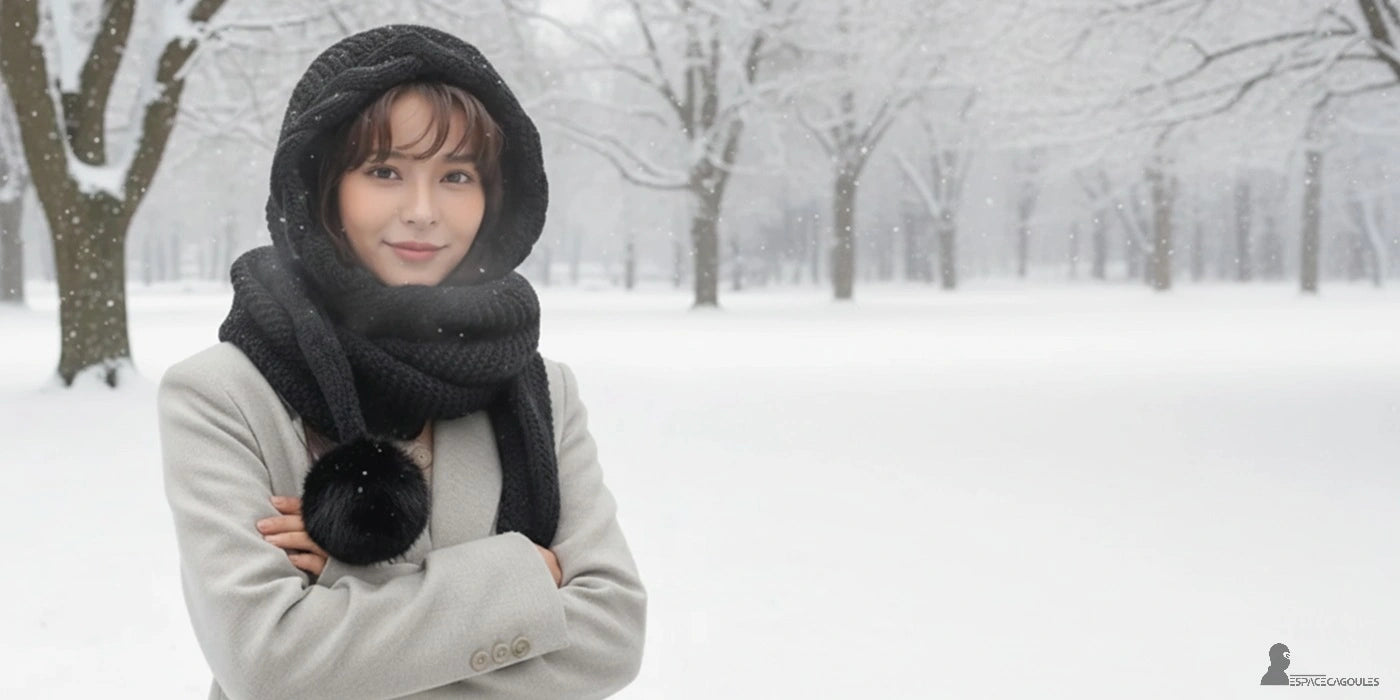 Écharpe cagoule noire portée par une femme en hiver, matière chaude et enveloppante, couvrant la tête et le cou, en environnement enneigé en extérieur