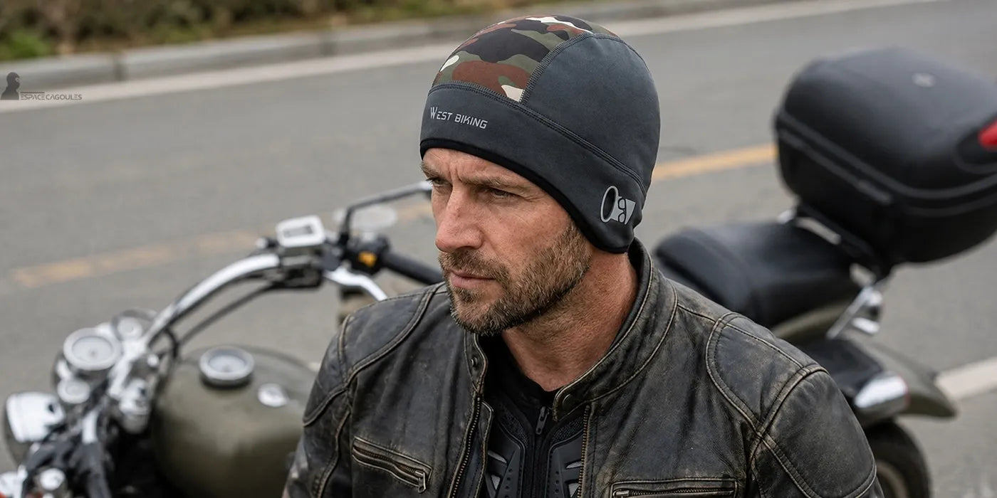Motard en veste cuir portant un sous casque moto camouflage à oreilles couvertes sur route — Espace Cagoules