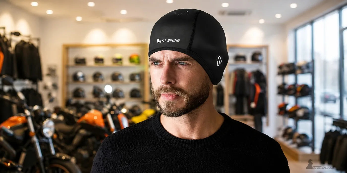 Motard en concession moto portant un sous casque moto noir calotte rasante — Espace Cagoules