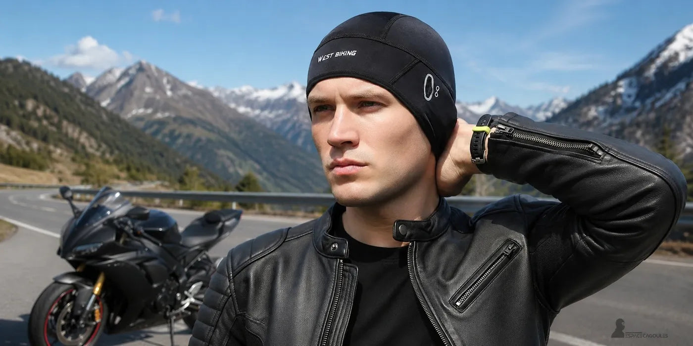 Motard en col de montagne enfilant son sous casque moto noir avant de rouler — Espace Cagoules