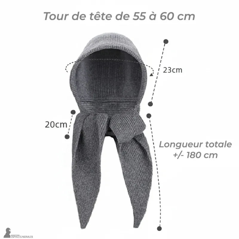 Echarpe cagoule femme grise en maille tricotée avec indication des dimensions, capuche intégrée et longueur totale visible, vue de face informative - Espace Cagoules