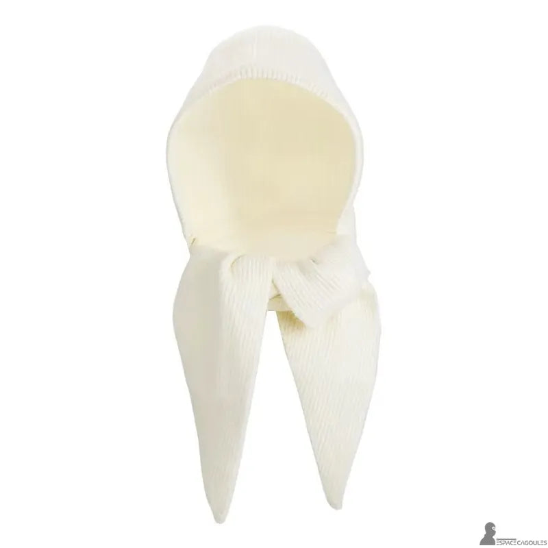 Echarpe cagoule femme blanche en maille tricotée, capuche intégrée avec pans longs, vue de face sur fond blanc - Espace Cagoules