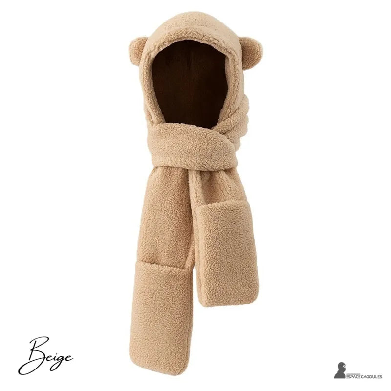 Balaclava halsduk för beige kvinnor i mjuk fleece med huva och nallebjörnsöron presenteras på en vit bakgrund