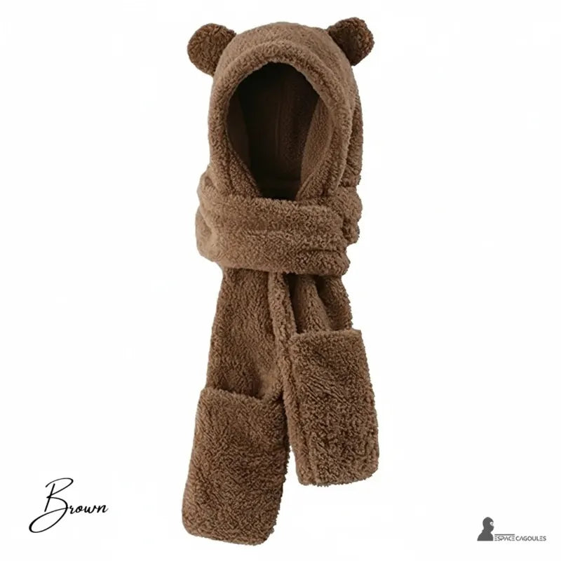 Balaclava halsduk för kvinnor mörkbrun i tjock fleece med huva och nallebjörnsöron, presenterad på en vit bakgrund