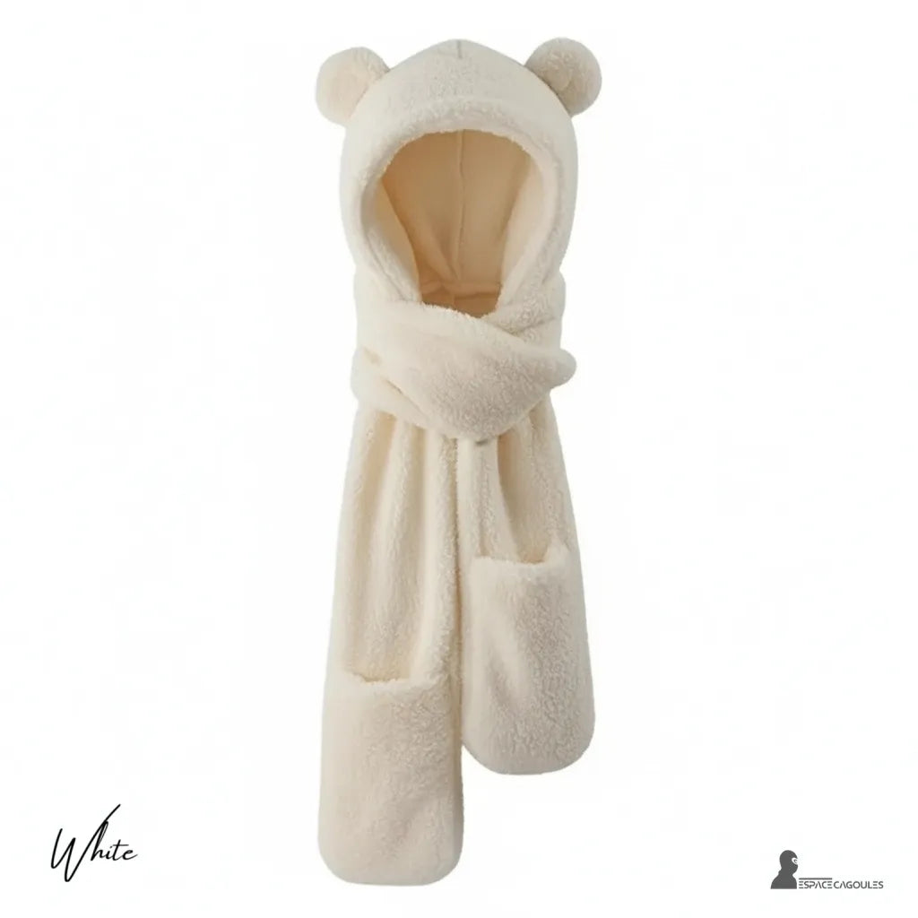 Vit balaclavahalsduk för kvinnor i mjuk fleece med huva och fickor, presenterad på en vit bakgrund