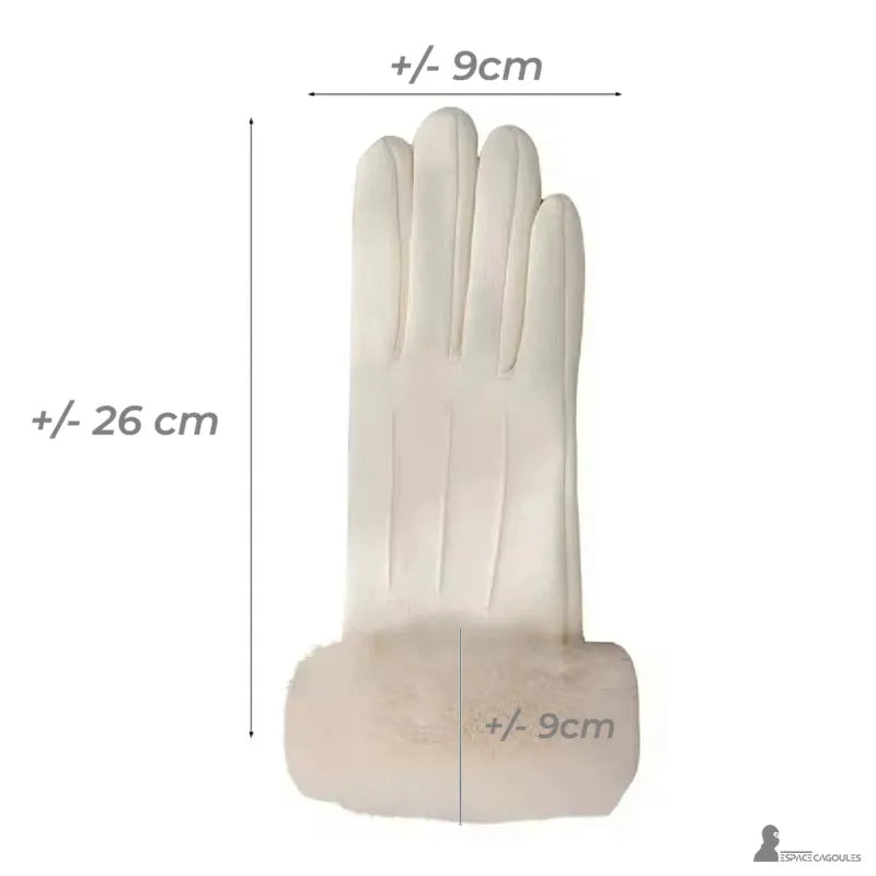 Gants chauds Femme avec indications de dimensions, gants longs en textile chaud et revers en fourrure, vue face avec mesures visibles sur fond blanc - Espace Cagoules